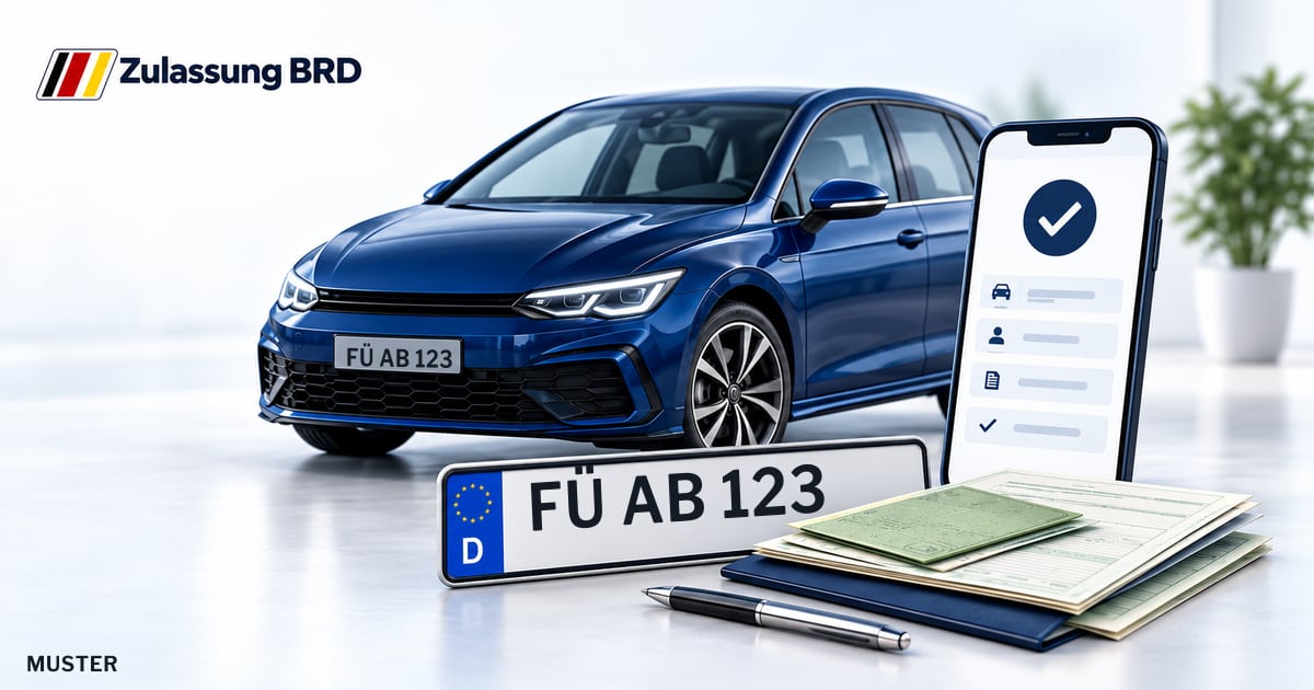 Online Fahrzeugzulassung in Zirndorf: Musterkennzeichen FÜ AB 123, Auto und Fahrzeugpapiere und Smartphone. Illustration mit Logo von Zulassung BRD.
